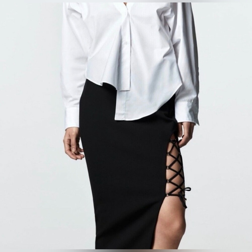 Zara Black Lace-Up Side Slit Pencil Skirt size M